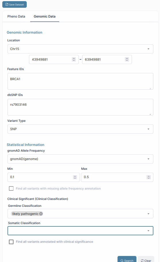 Genomic Data 조건 설정 화면